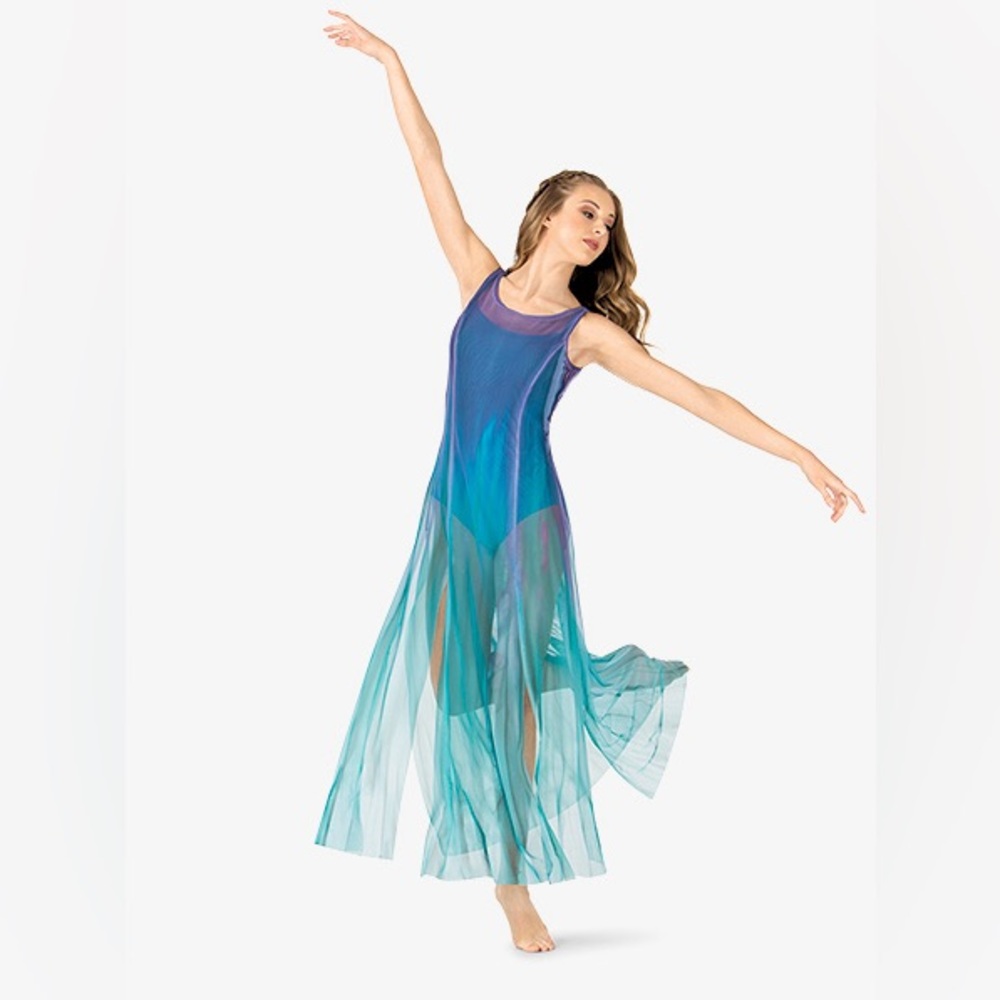 Watercolour: Womens Hand Painted Long Tank Mesh Lyrical Dress - Purple/Sky/Teal